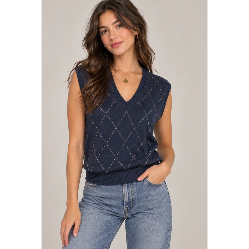 Preppy Academia Argyle Sweater Vest Navy Silk Cotton Golf Tennis M